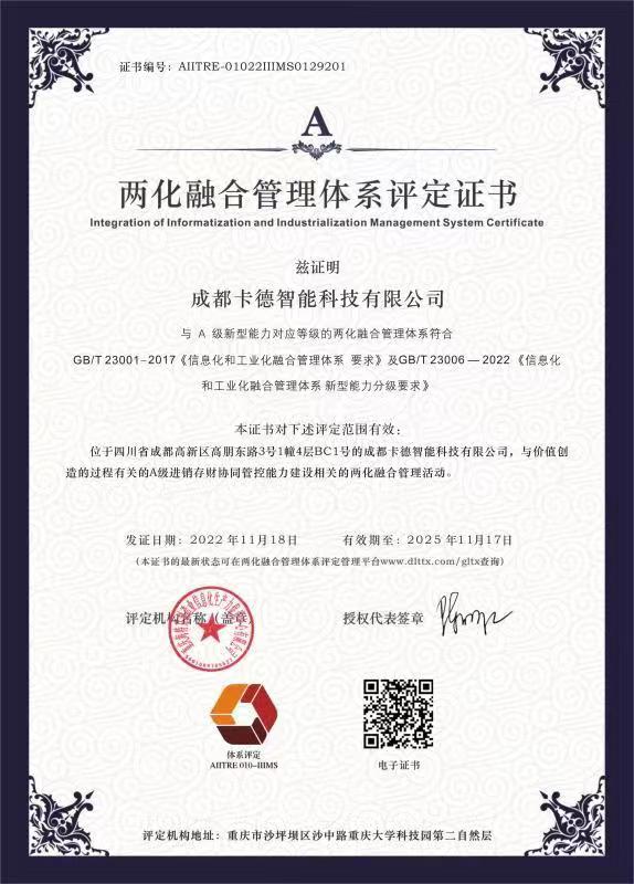 兩化融合管理體系評(píng)定證書(shū)